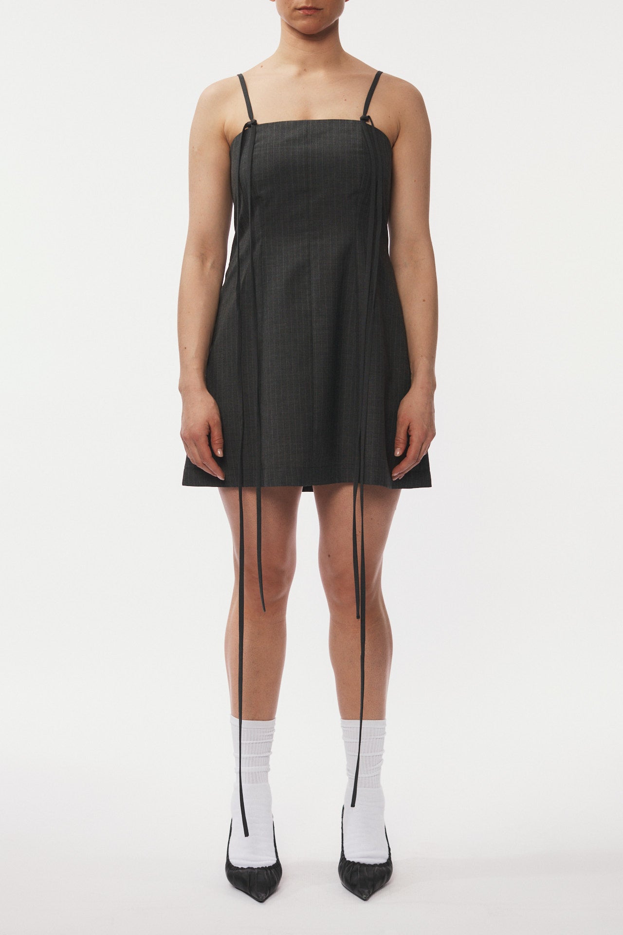 Strap Dress Short- light grey pinstripe