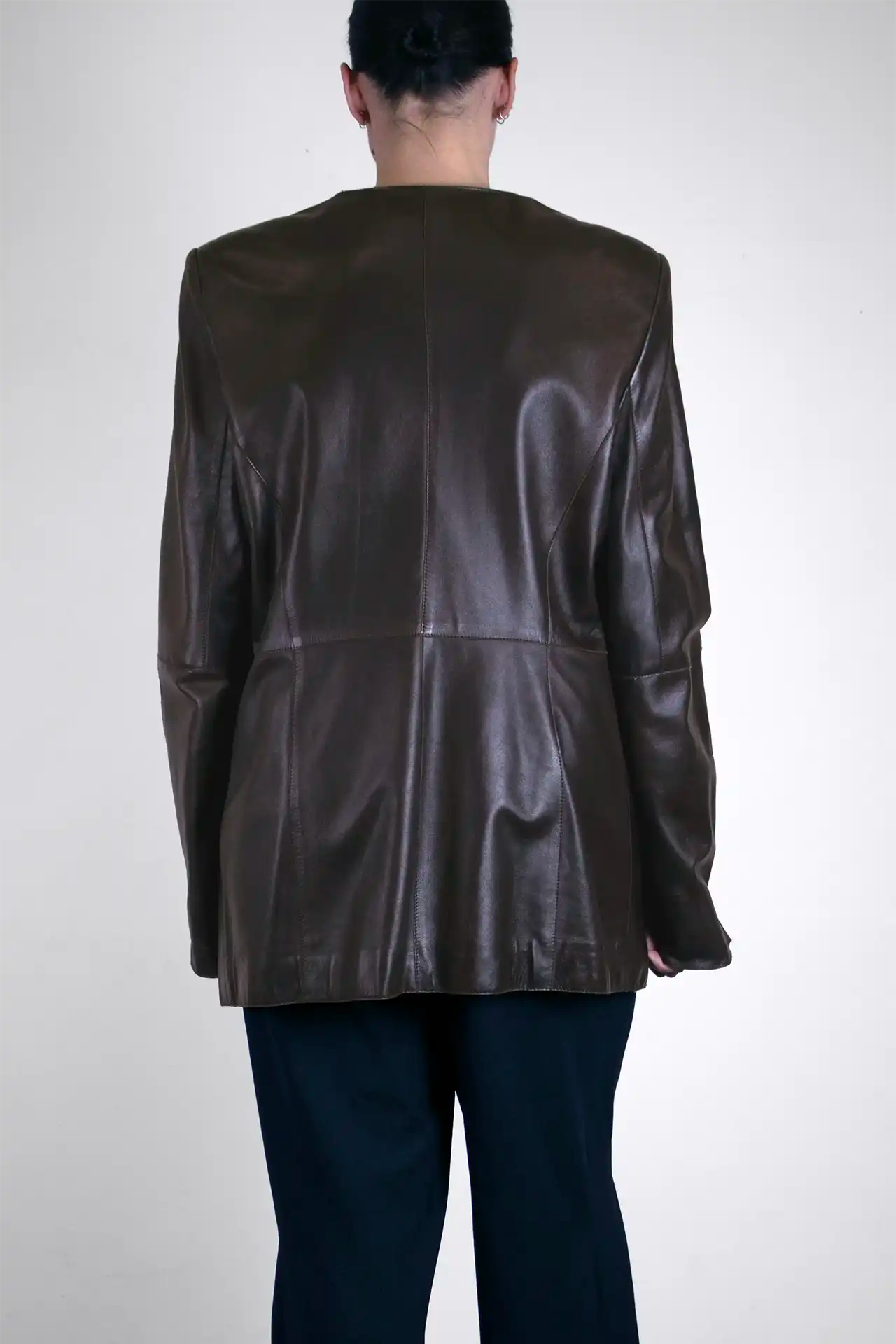 Leather Coat Collarless- dark brown