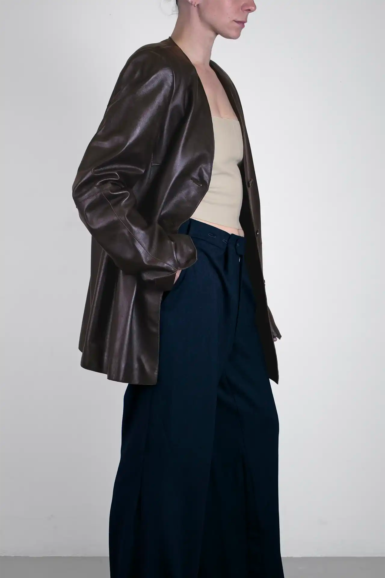 Leather Coat Collarless- dark brown