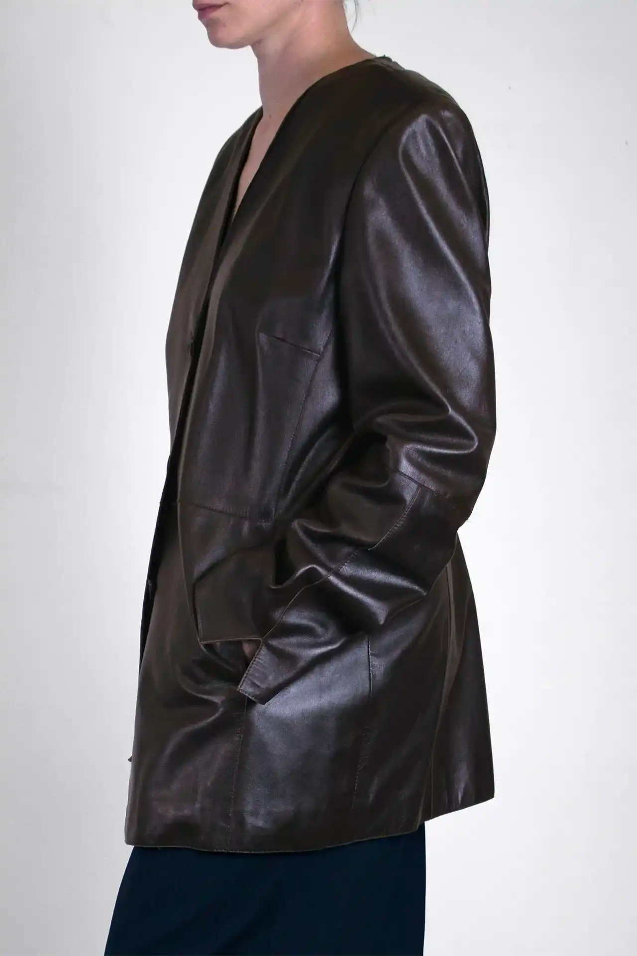 Leather Coat Collarless- dark brown