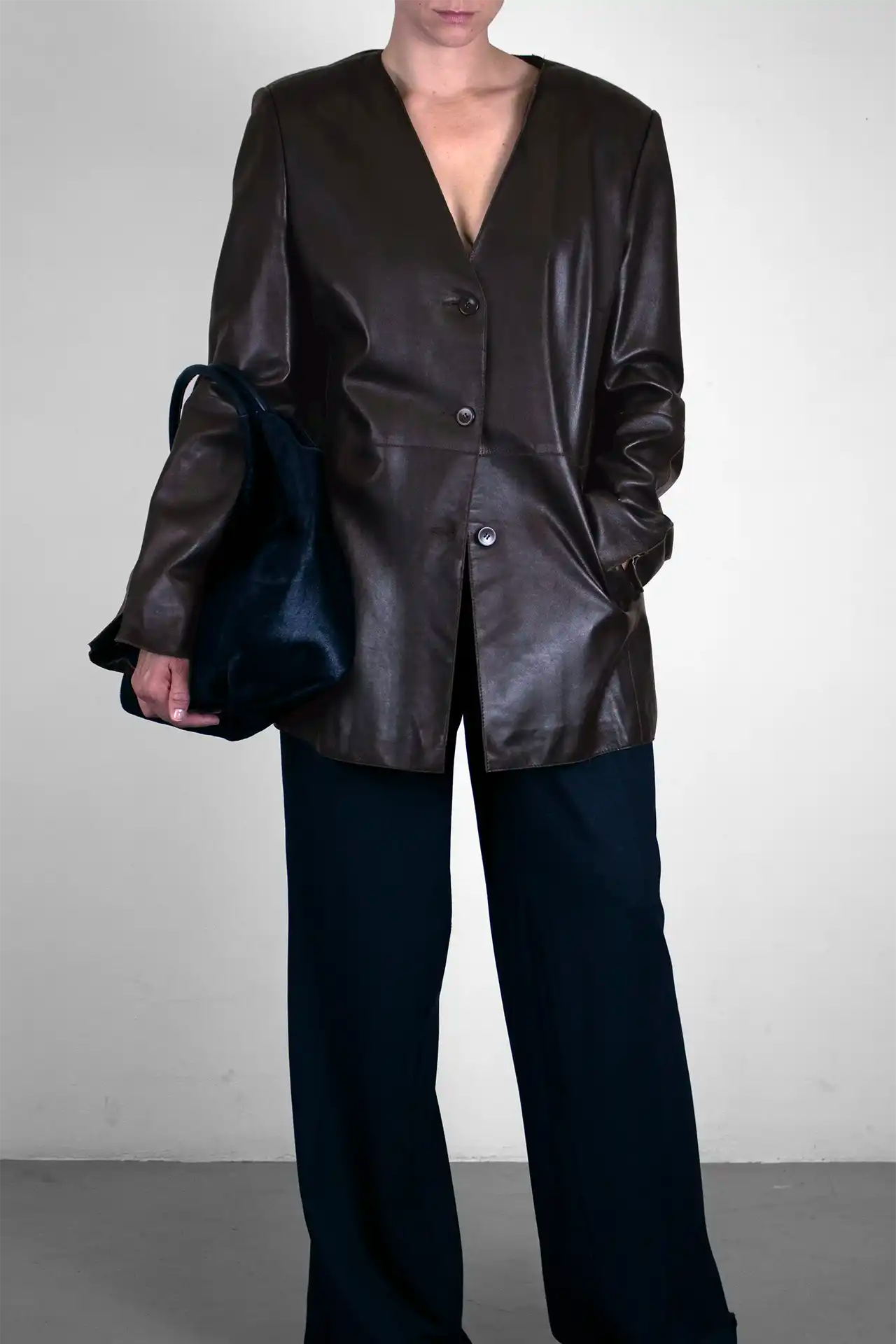 Leather Coat Collarless- dark brown