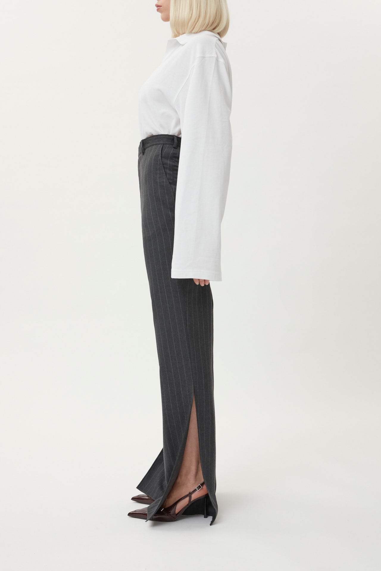 Trouser High Waist Slim Leg - grey pinstripe